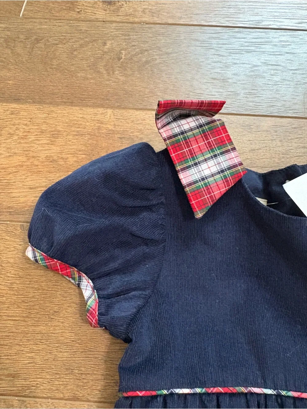 The Beaufort Bonnet Company Navy Blue Corduroy One-Piece with Red Plaid Trim